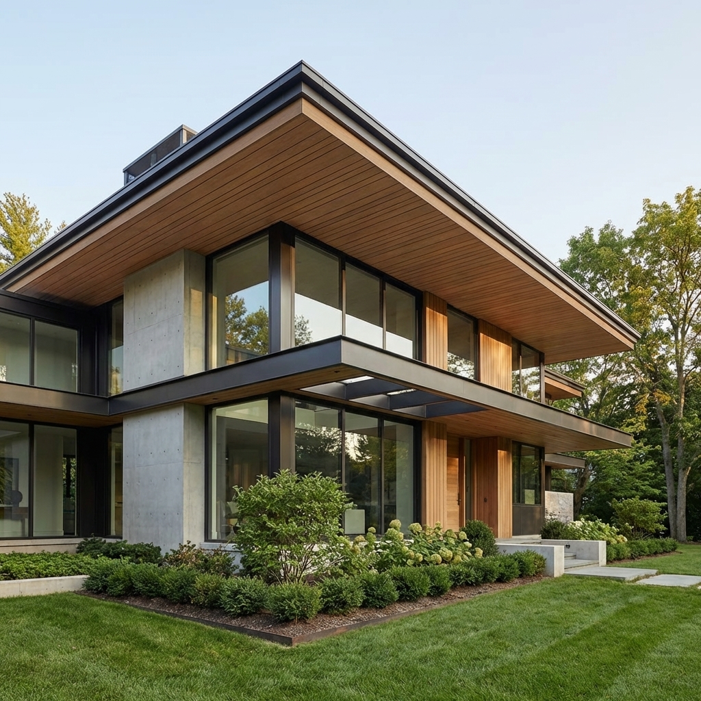Maison moderne baie vitré et sous-face en bardage bois composite.