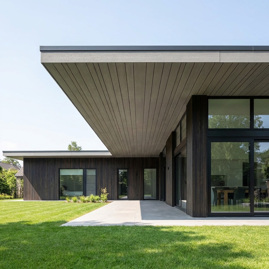 Sous-face de maison architecturale en bois composite.