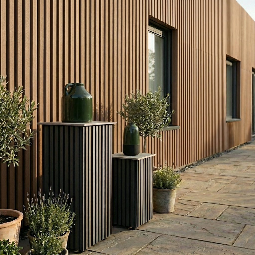 Zoom sur le claire-voie NEO XL, teintes charbon et teck.