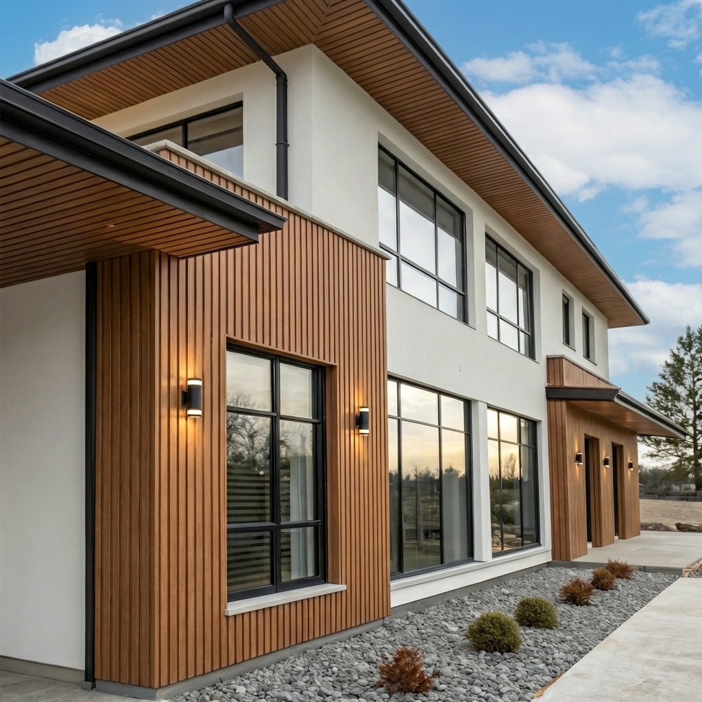 maison avec bardage claire voie couleur teck.