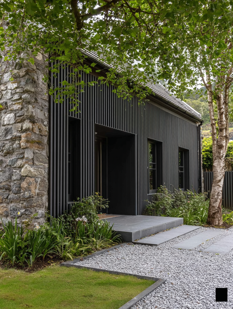 Bardage teinte charbon sur une maison de campagne en pierre.