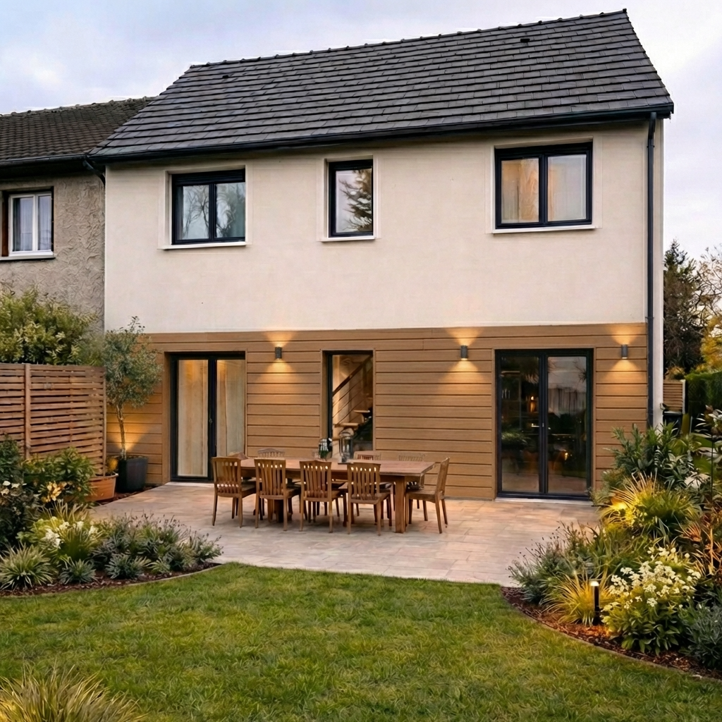 Maison vue côté jardin avec bardage Sensation couleur teck.