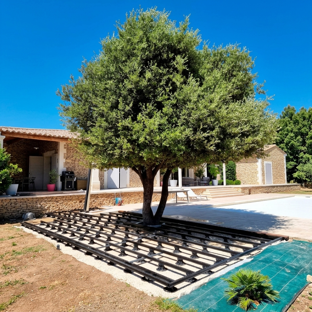 Structure de terrasse devant maison en pierre