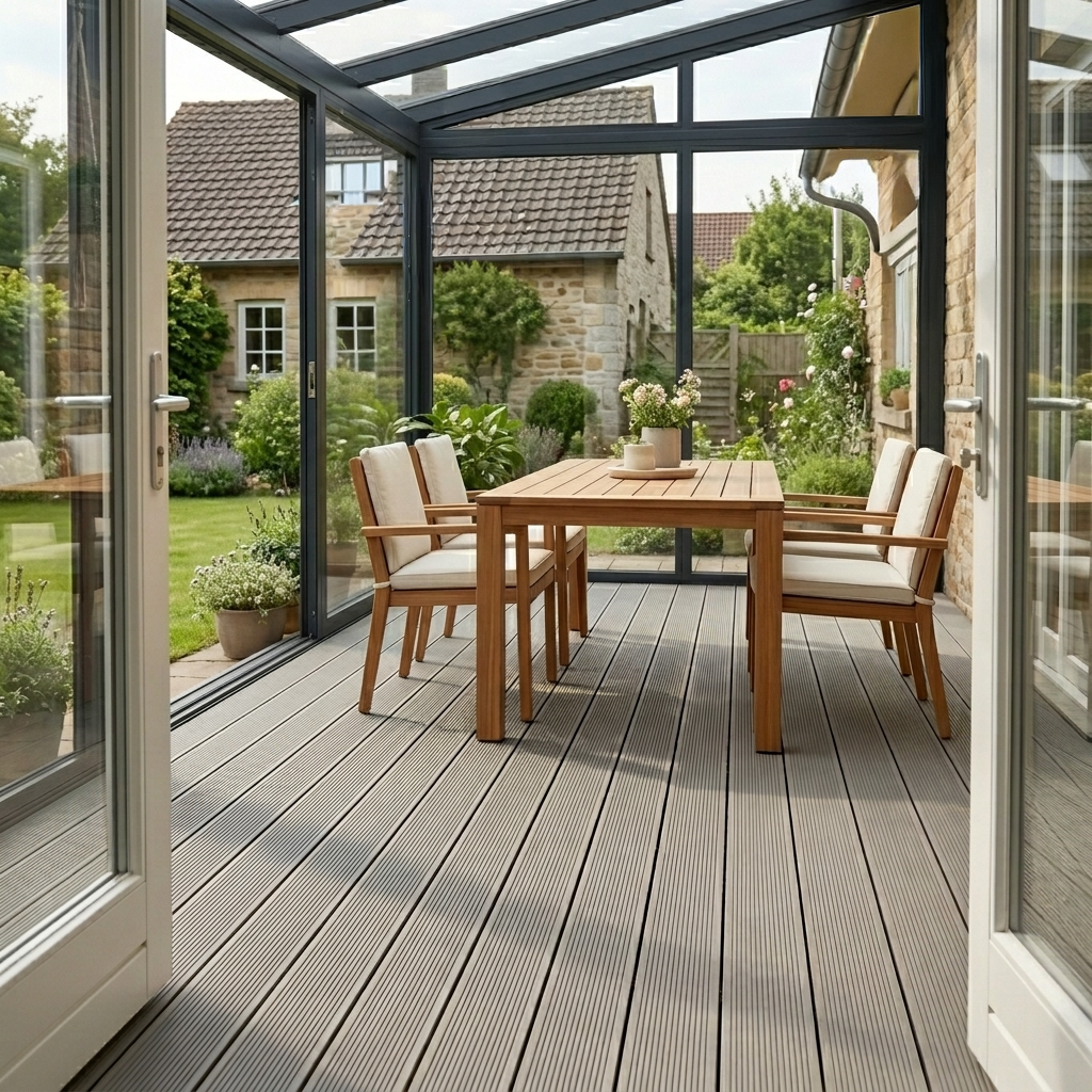 Lames de terrasse en bois ciomposite sur terrasse moderne vue du haut