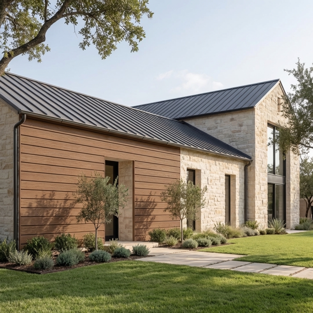 Bardage sur maison couleur teck.