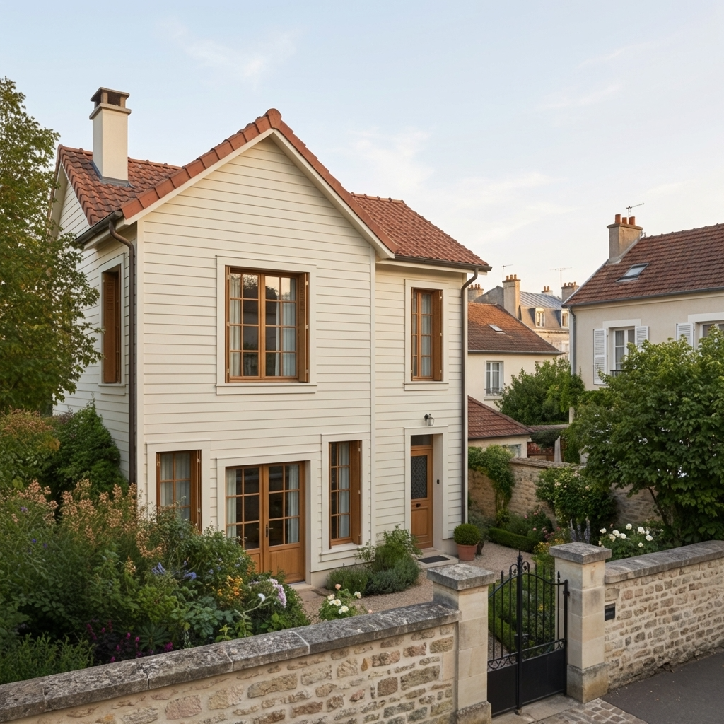 Bardage en bois composite couleur ivoire sur maison résidentielle.