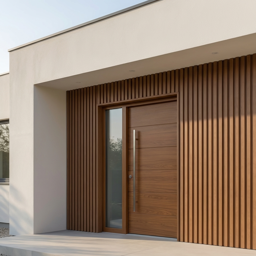 Entrée de maison avec bardage gamme neo couleur teck