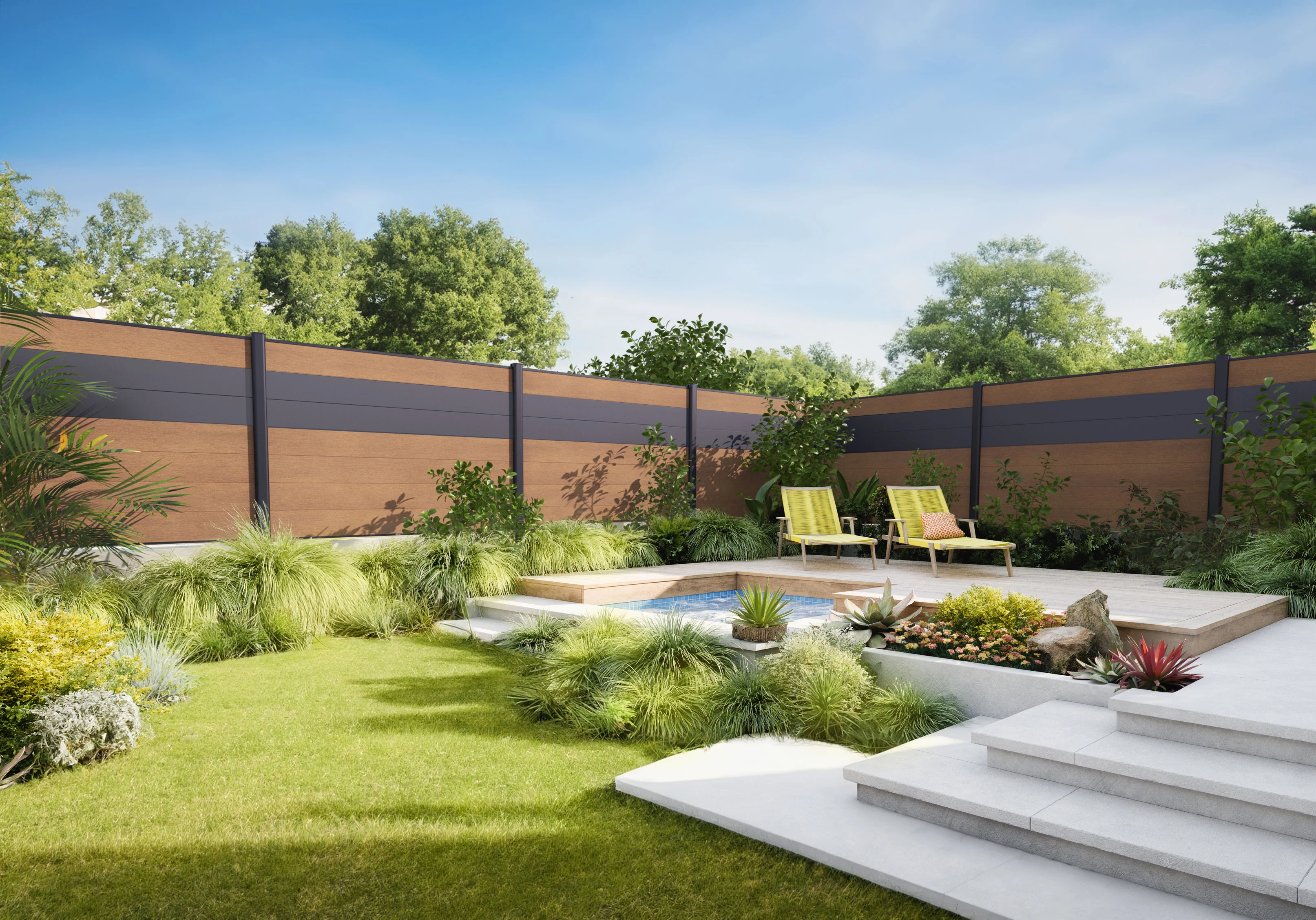 Clôture en lames de composite UltraProtect teinte teck