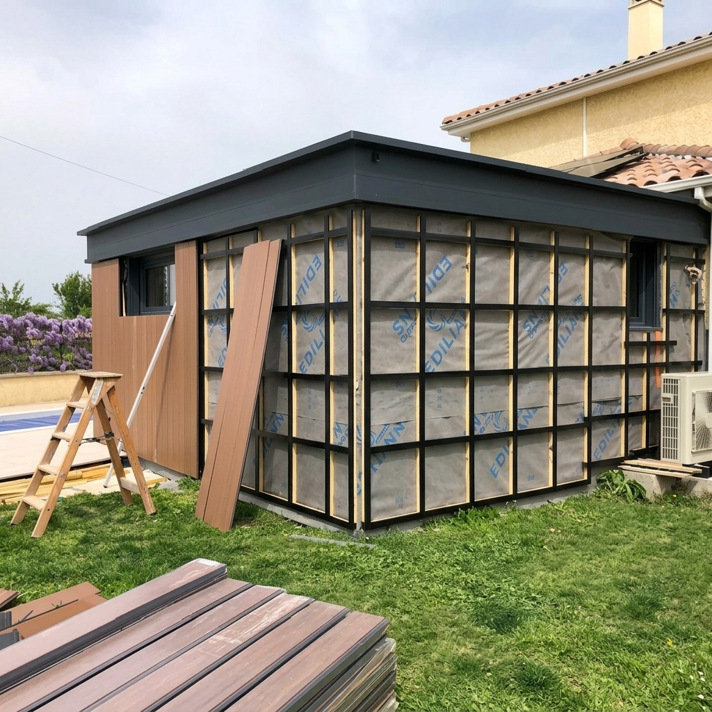 double ossature pour installation bardage en bois composite
