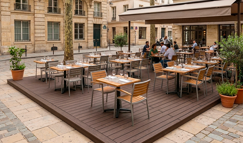 Terrasse en bois composite gamme Extrême pour fortes affluences
