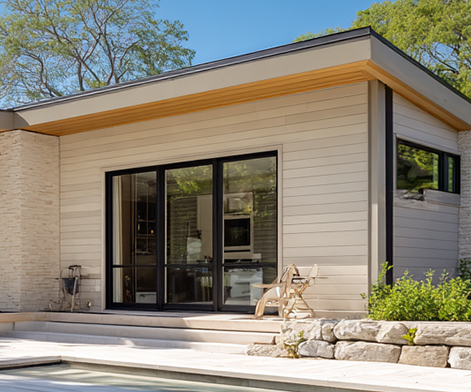 Façade de maison en bois composite teinte ivoire