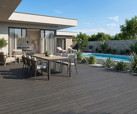 Terrasse n bois composite UltraProtect teinte anthra et piscine