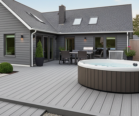 Lames de terrasse en composite béton et spa semi enterré