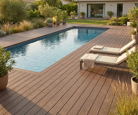 Plage de piscine en bois composite teinte ipé