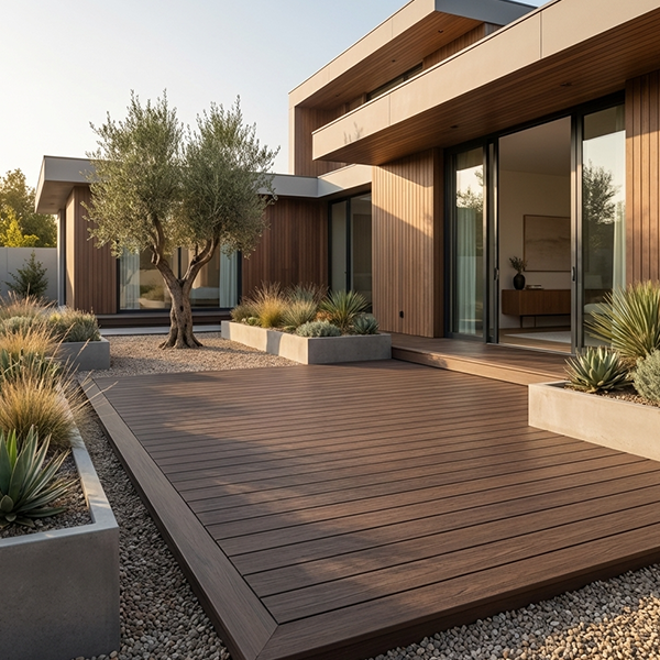 Terrasse en lames de bois composite teinte noyer