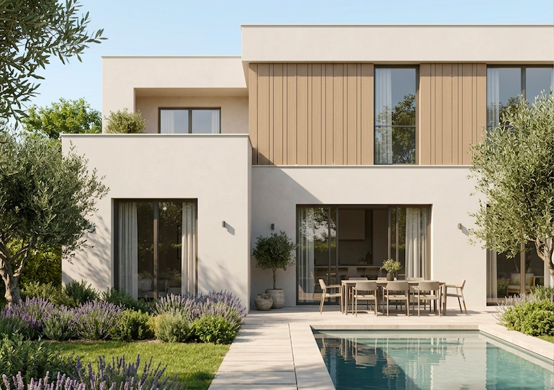 Bardage znith en bois composite couleur sable maison moderne avec piscine