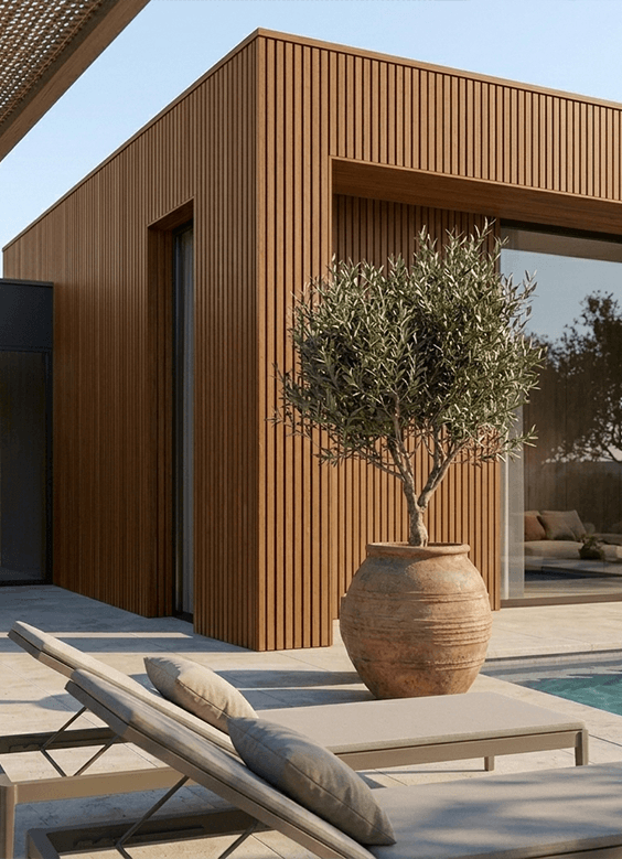 Facade sur terrasse de bardage neo couleur teck