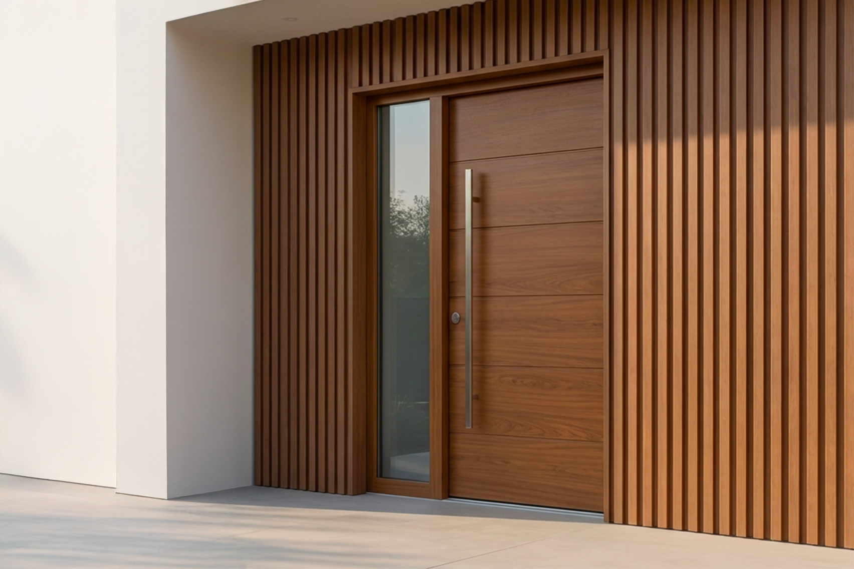 Bardage neo couleur teck entrée maison moderne