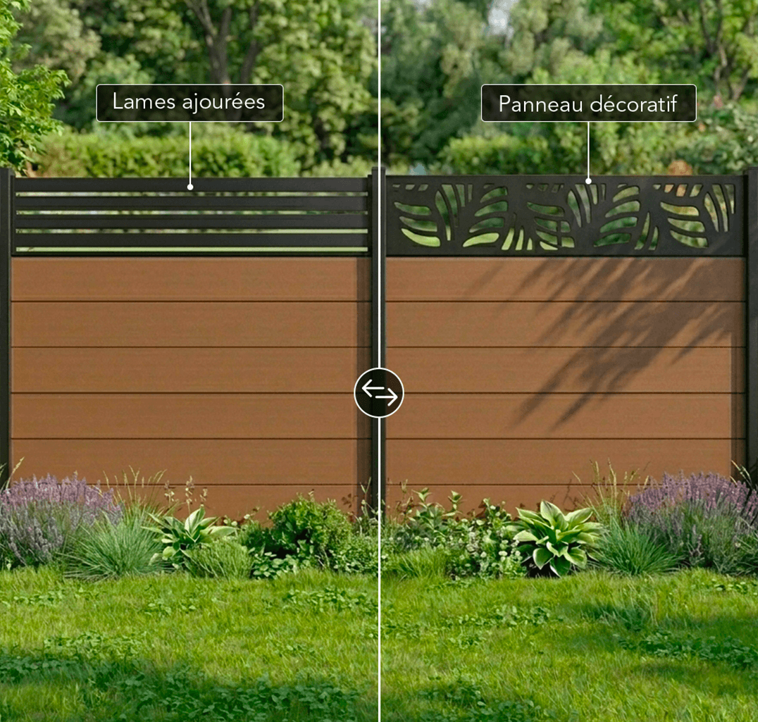 Montage clôture avec lames ajourées et panneau décoratif